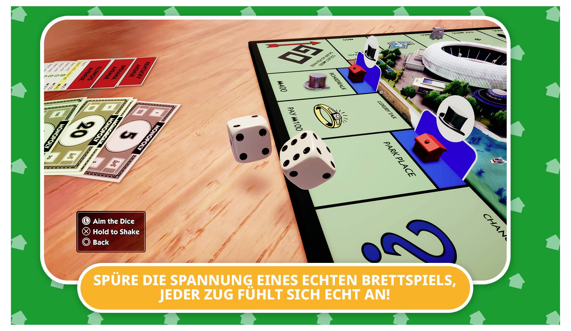 Spielbrett mit Würfeln und Spielfiguren auf einem Holzuntergrund. Beschriftung: 'Spüre die Spannung eines echten Brettspiels, jeder Zug fühlt sich echt an!'