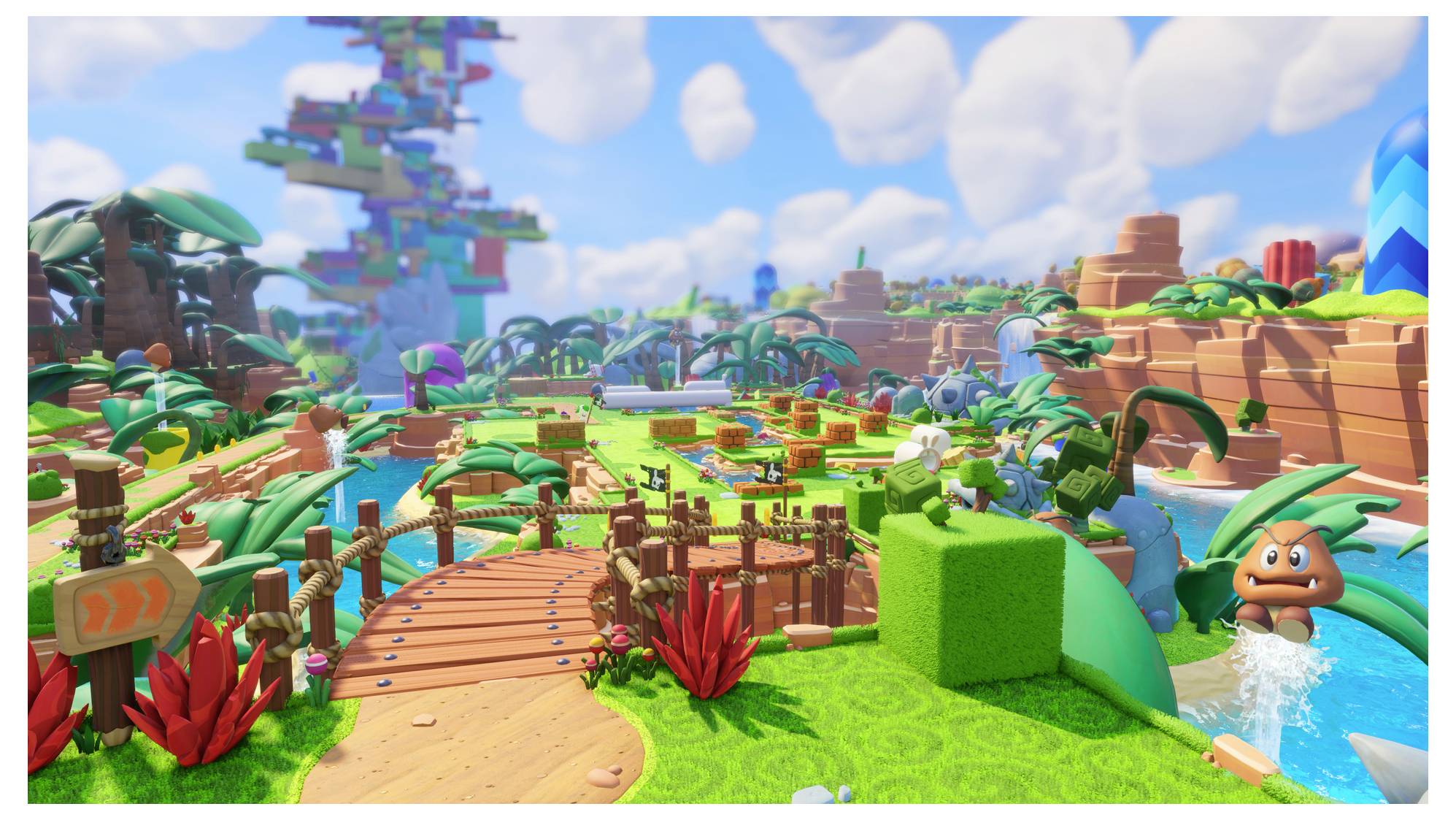 Bunte, virtuelle Landschaft mit Brücken, Flüssen und Pflanzen unter blauem Himmel. Stil erinnert an Videospielumgebungen.