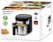 Eine Smart-Fritteuse mit Heißluftsystem von Emerio, energiesparend und BPA-frei, geeignet für fettarmes Frittieren, Backen und Grillen. Verpackung zeigt Produkt und Nutzungsszenarien.
