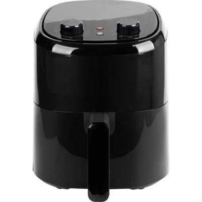 Eine schwarze Heißluftfritteuse mit zwei Drehknöpfen oben für Temperatureinstellung und Timer.