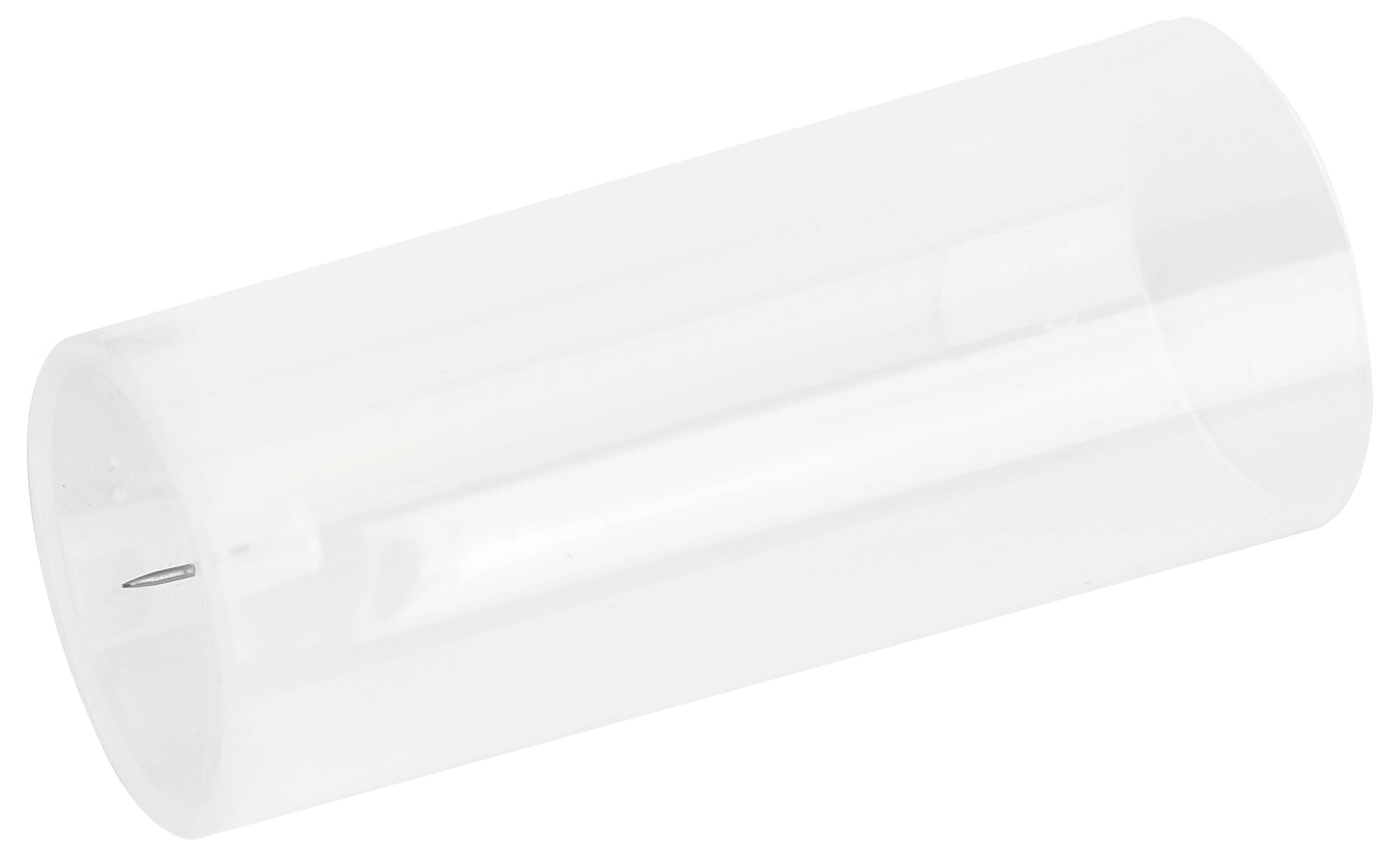 Ein transparenter Plastikzylinder mit einer darin enthaltenen feinen Nadel, schwebend in der Luft.