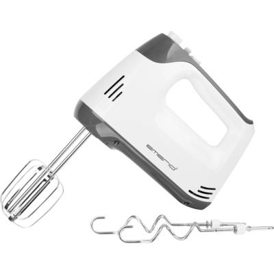 Ein elektrischer Handmixer mit zwei Rühraufsätzen, einer bereits montiert und einer danebenliegend, auf weißem Hintergrund.