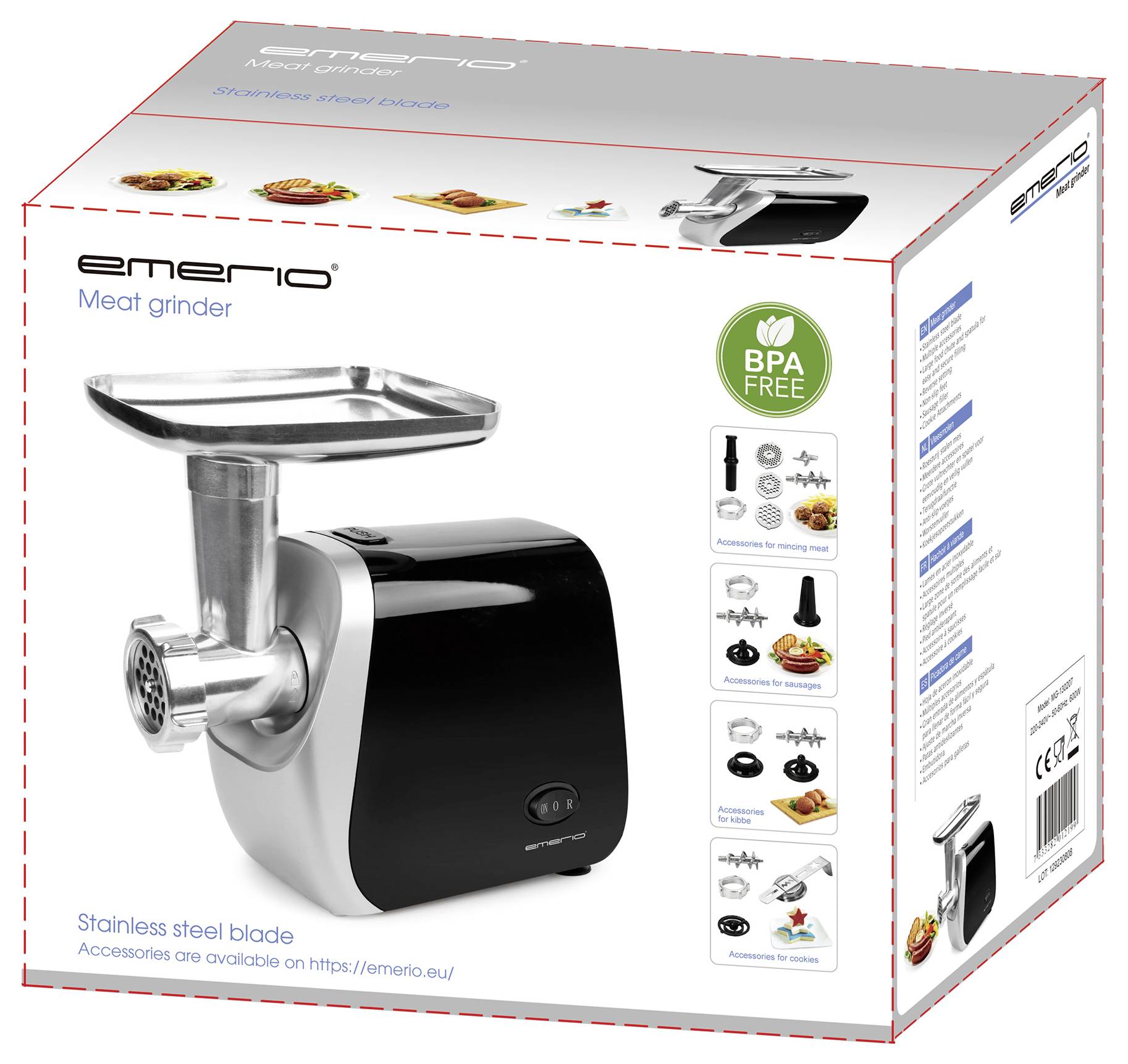 Die Verpackung zeigt einen Fleischwolf der Marke Emerio mit Edelstahlklinge. BPA-frei. Zubehör auf der Webseite verfügbar.