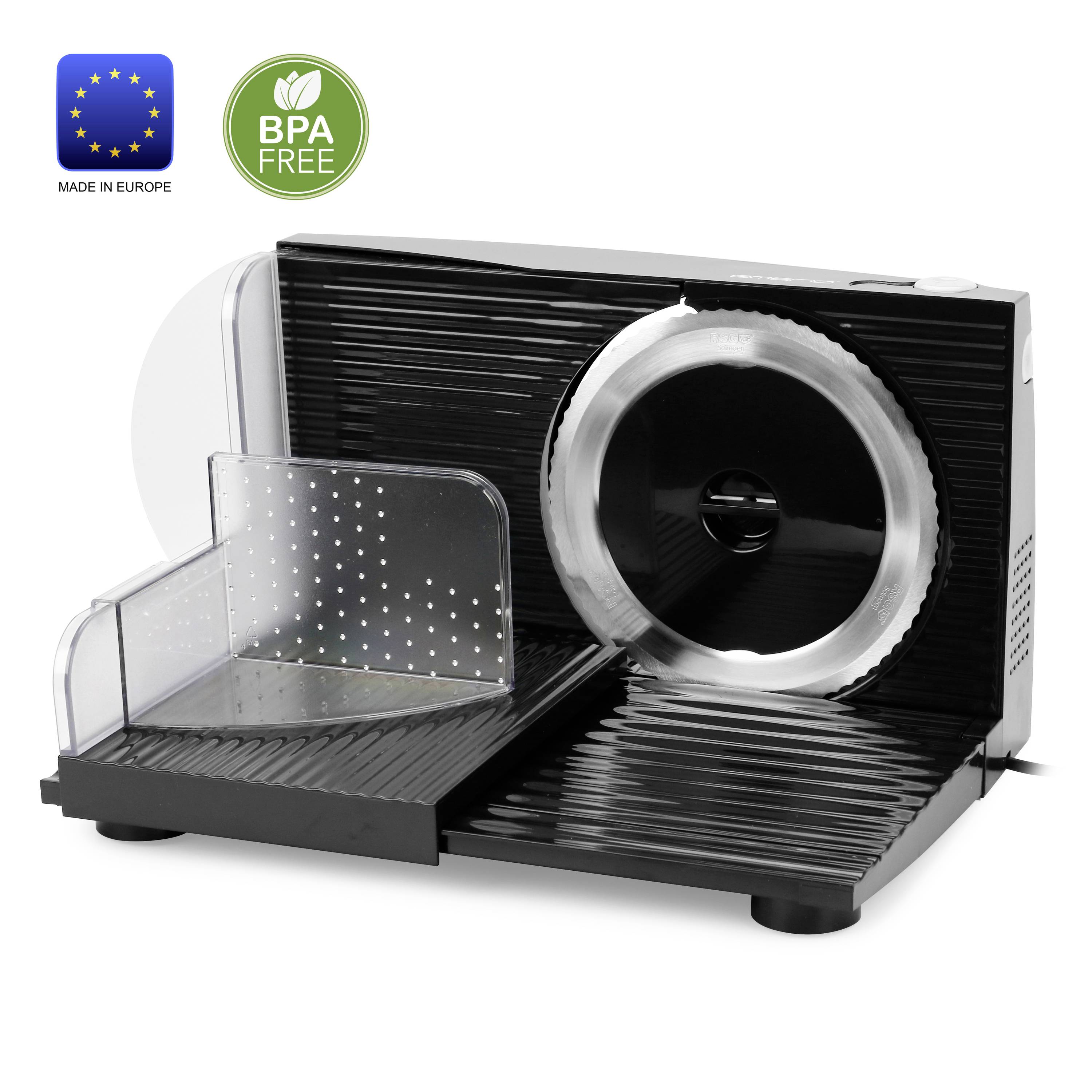 Elektrische Schneidemaschine mit Metallscheibe, ideal zum Schneiden von Wurst, Käse oder Brot. Kennzeichnung: 'Made in Europe', 'BPA free'.