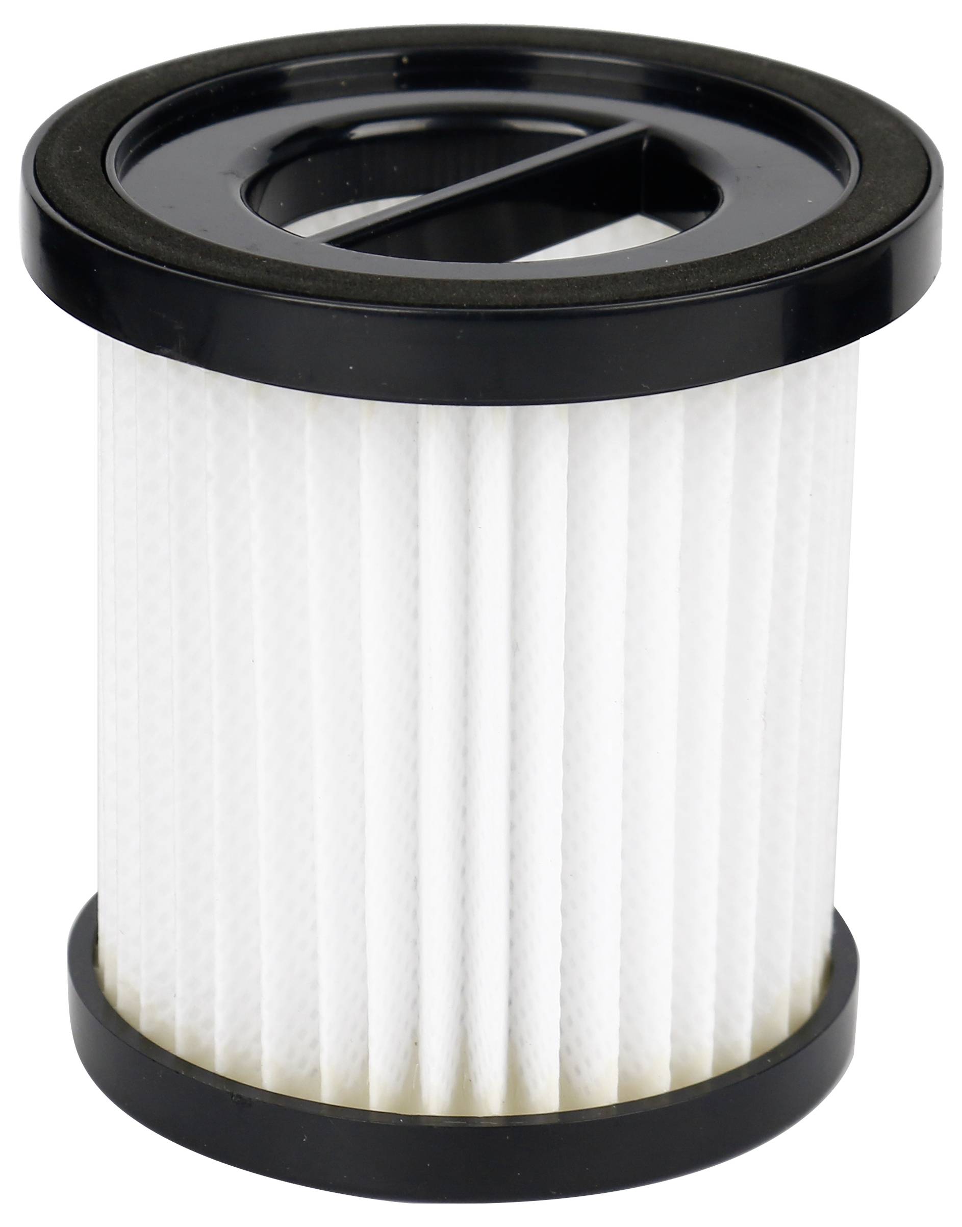 Ein zylindrischer Luftfilter mit weißem Faltenpapier und schwarzem Rahmen. Verwendet zur Reinigung der einströmenden Luft.