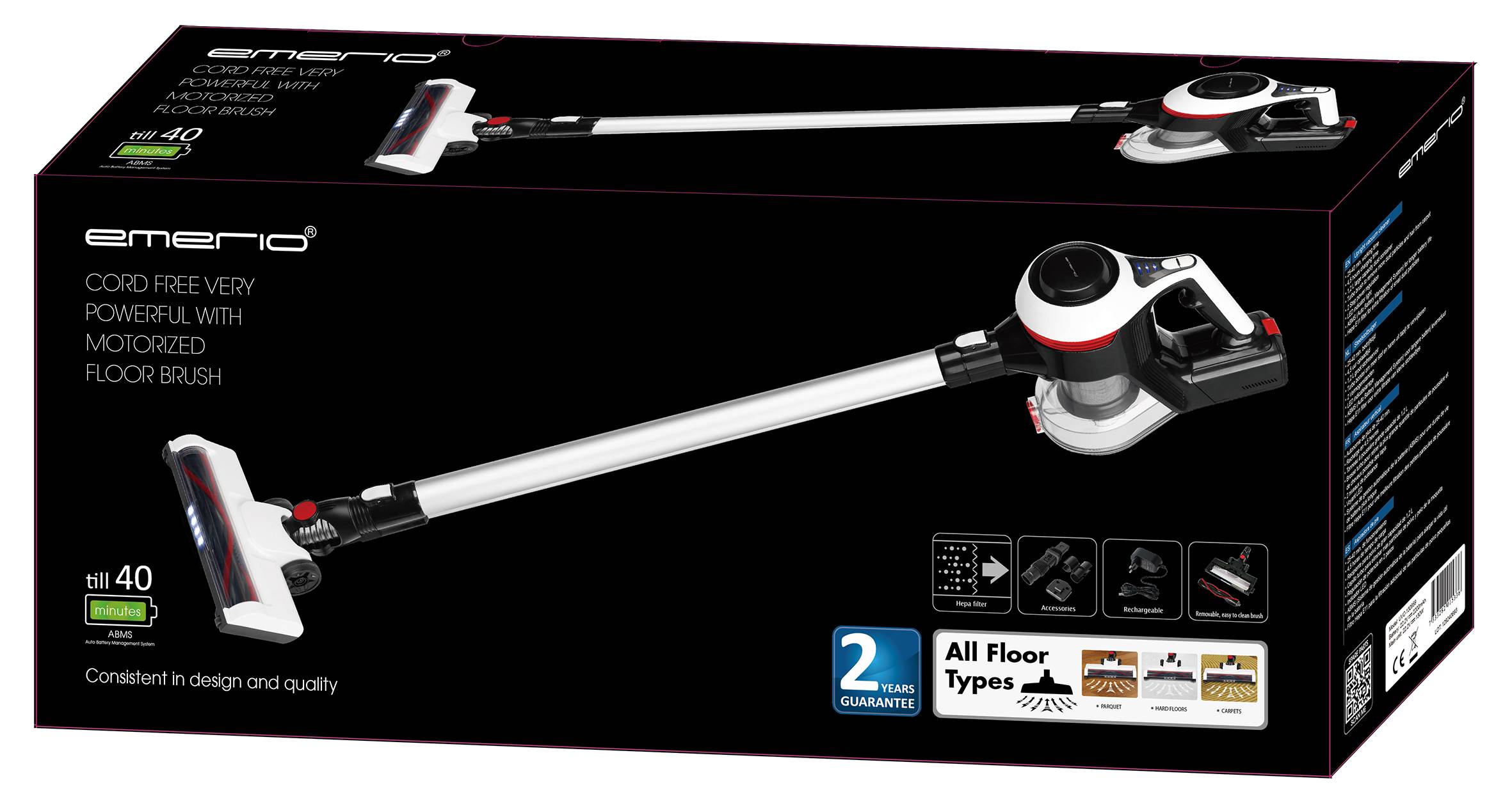 Eine schwarze Verpackung zeigt einen kabellosen Staubsauger mit motorisierter Bodenbürste. Geeignet für alle Bodenarten, 2 Jahre Garantie.