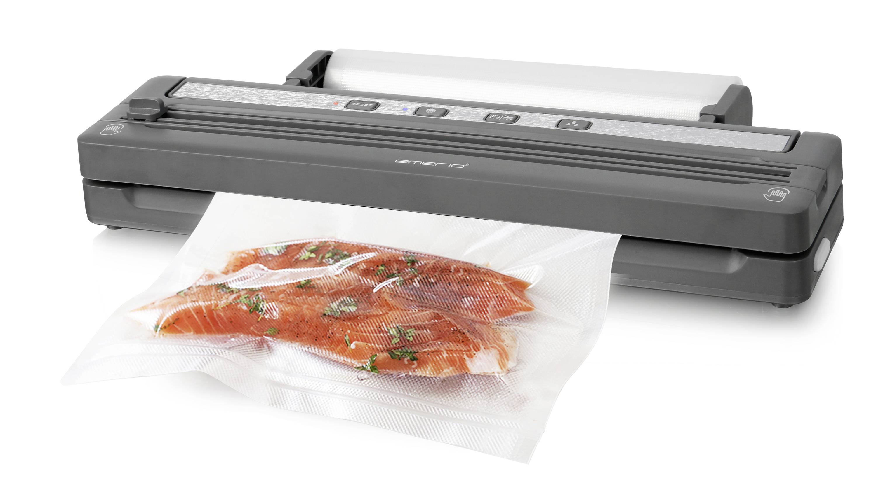 Vakuumiergerät mit geöffnetem Beutel, darin roher Lachs mit Kräutern. Gerät versiegelt Lebensmittel zur Konservierung.