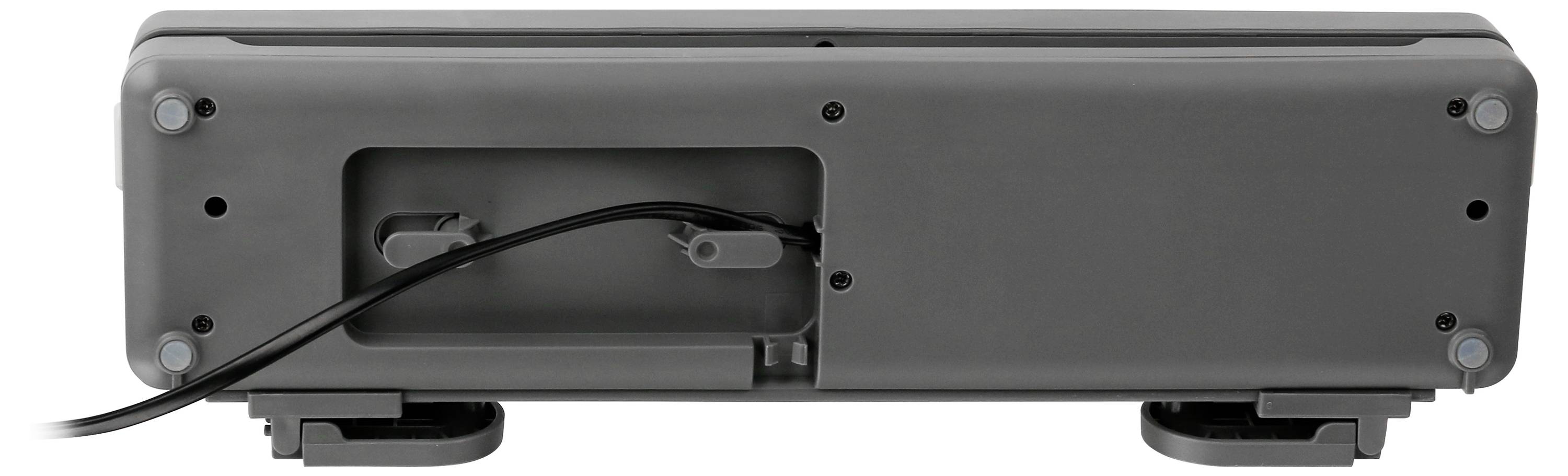 Die Rückseite eines elektronischen Geräts mit einem herausführenden Kabel. Die Befestigungselemente und Standfüße sind sichtbar.