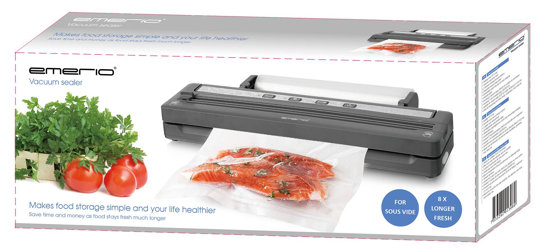Verpackung eines Vakuumiergeräts mit Bild des Geräts, frischen Tomaten und versiegeltem Lachs. Text auf der Verpackung: 'Macht Lebensmittel länger haltbar'.