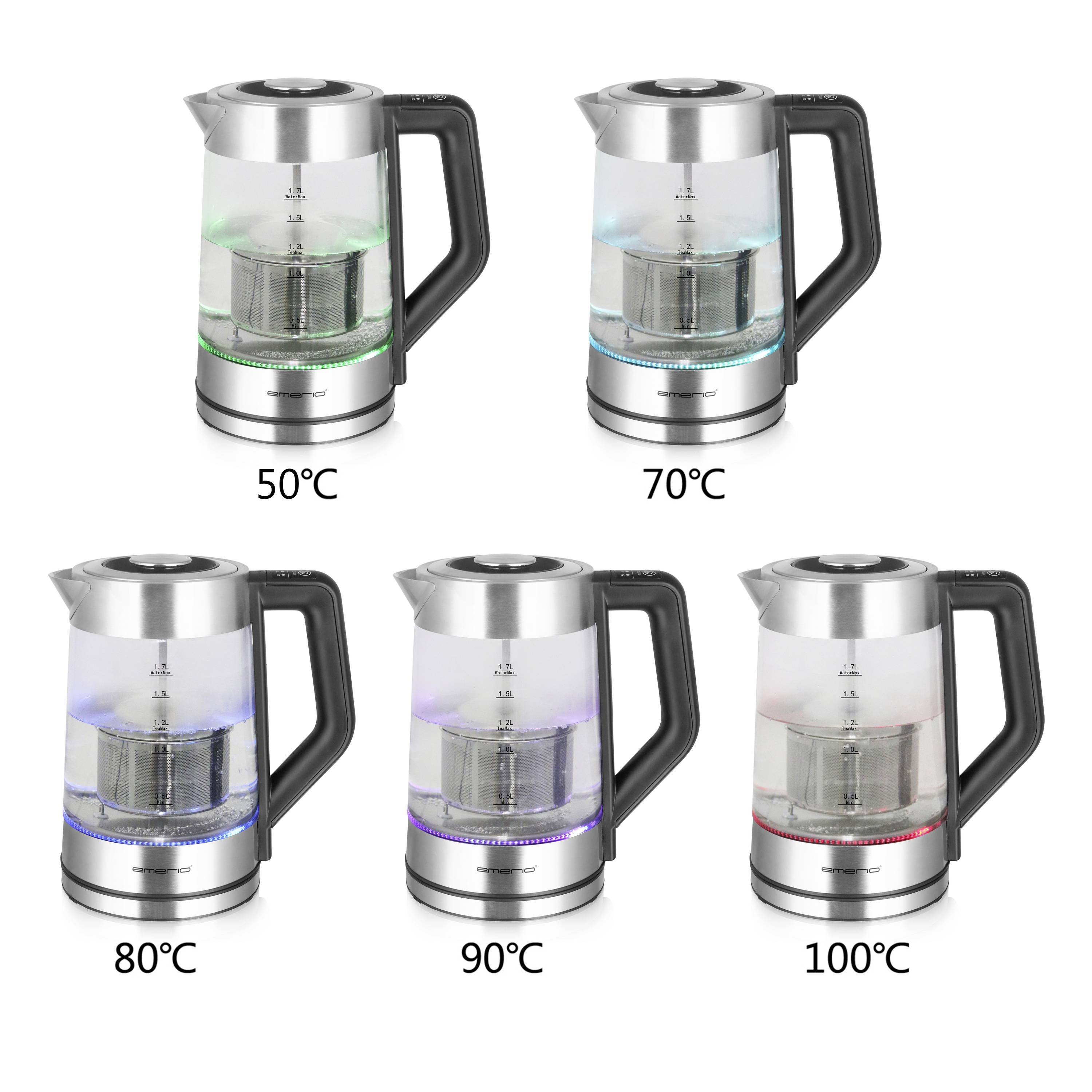 Fünf elektrische Teekessel mit Temperaturanzeige. Temperaturen von links nach rechts: 50°C, 70°C, 80°C, 90°C, 100°C.
