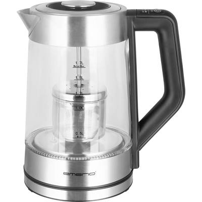 Elektrischer Wasserkocher mit Glaskörper und schwarzem Griff, innenliegender Metallfilter, Messskala an der Seite.