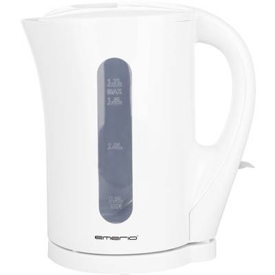 Ein weißer Wasserkocher mit schwarzem Sichtfenster zeigt Wasserstände: 1,7 L Max, 1,5 L, 1,0 L, 0,5 L Min. Markenlogo unten.