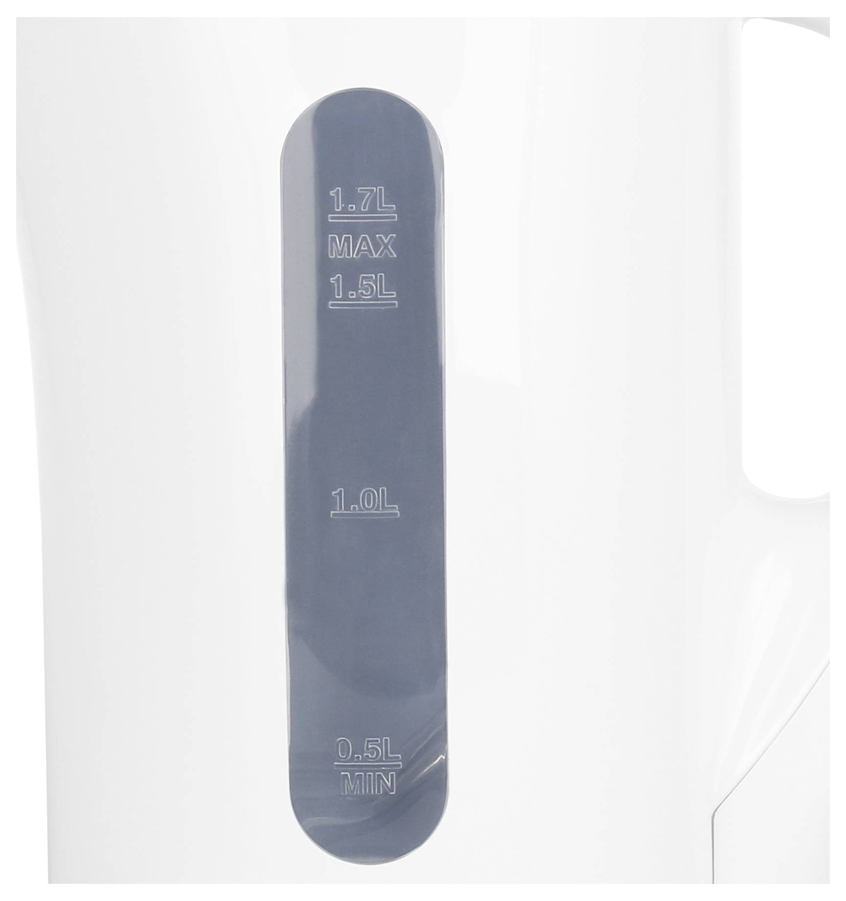 Ein Wasserkocher mit einer transparenten Wasserstandsanzeige, die Markierungen für 0,5 l, 1,0 l, 1,5 l und 1,7 l enthält.