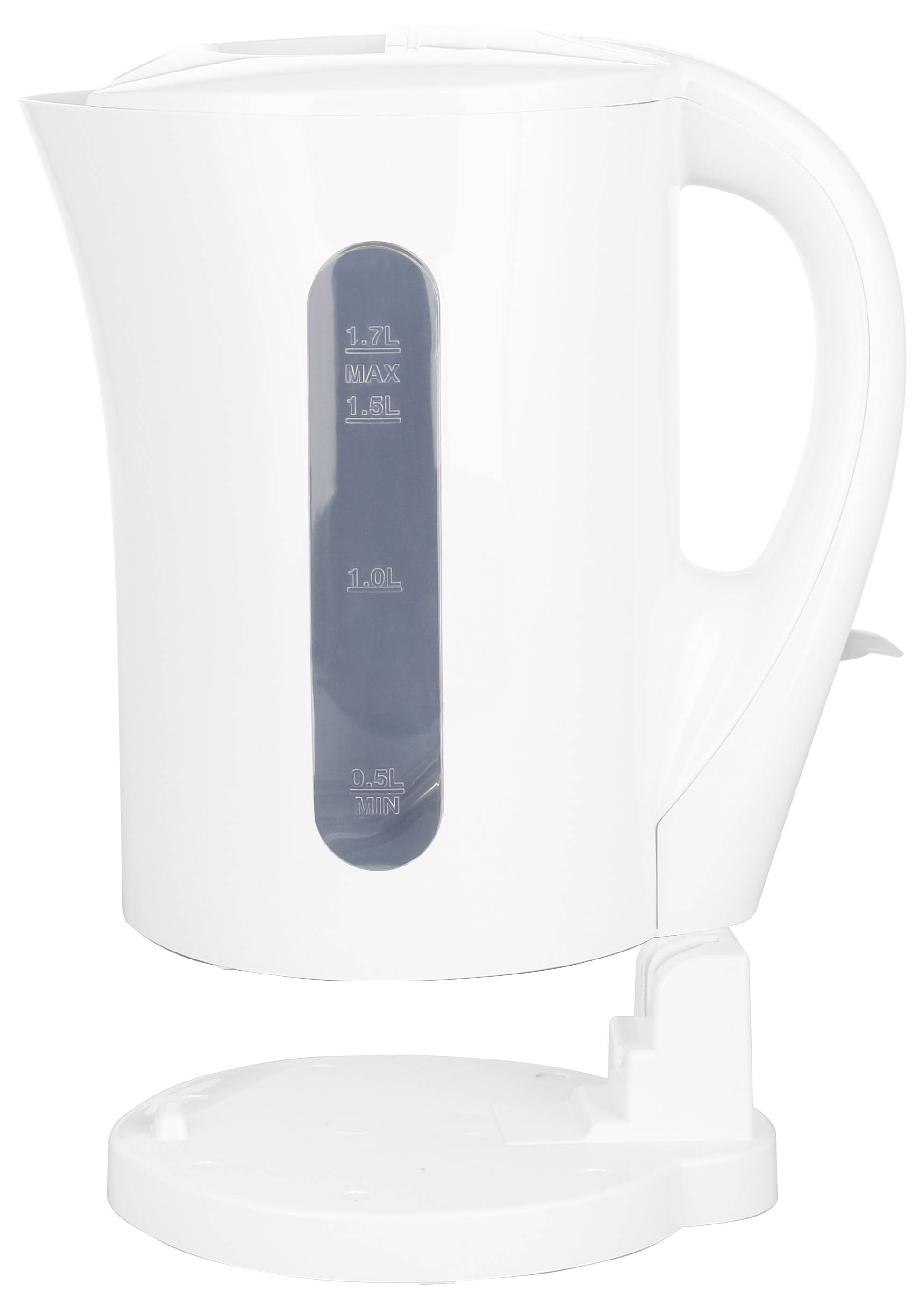 Weißer Wasserkocher mit maximalem Fassungsvermögen von 1,7 Litern. Der Wasserkocher steht auf einer Basis und hat einen Griff rechts.