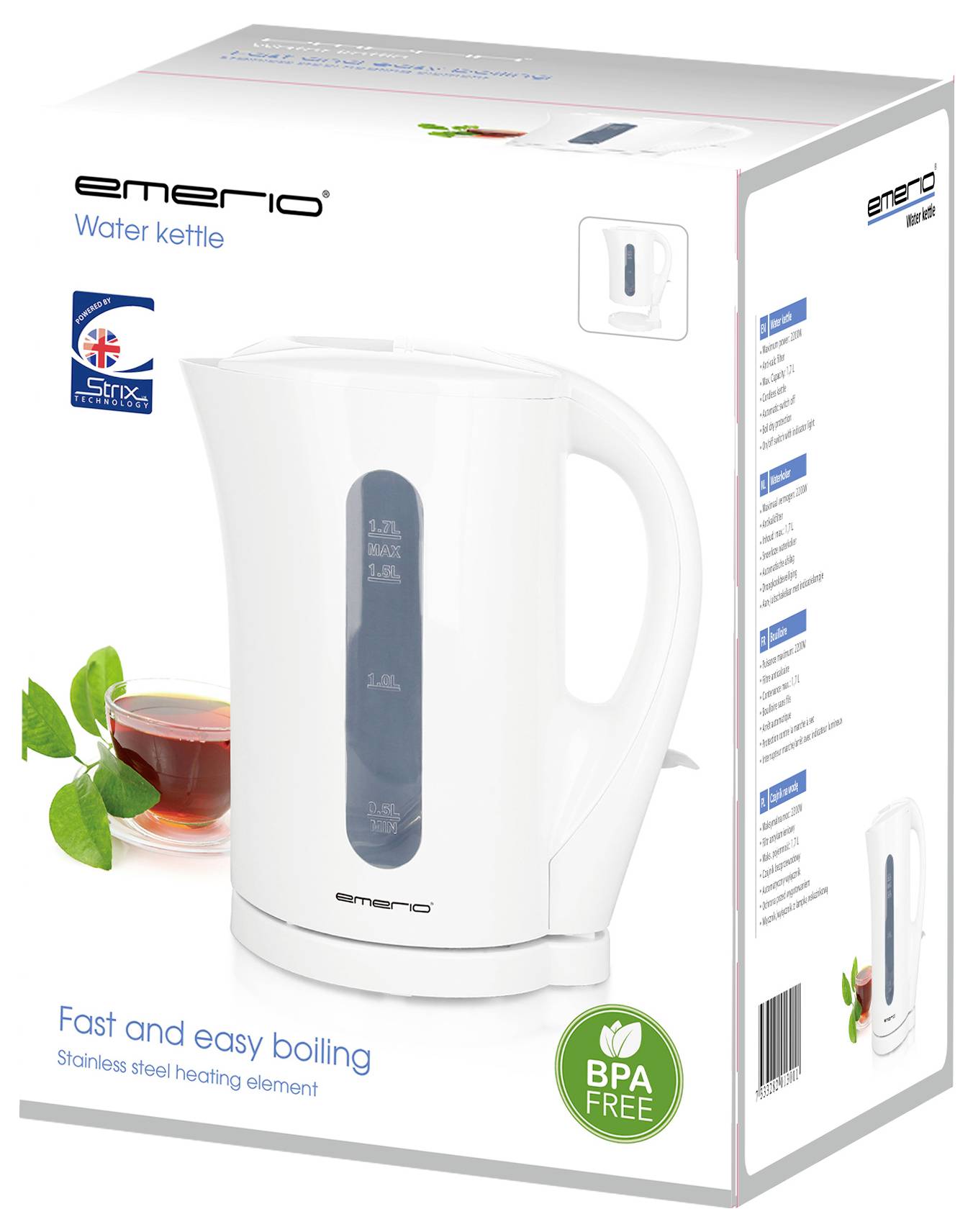 'Kartonschachtel eines weißen Wasserkochers mit BPA-freiem Siegel. Bild zeigt Teetasse und Pfefferminzblätter. Text: "Fast and easy boiling".'
