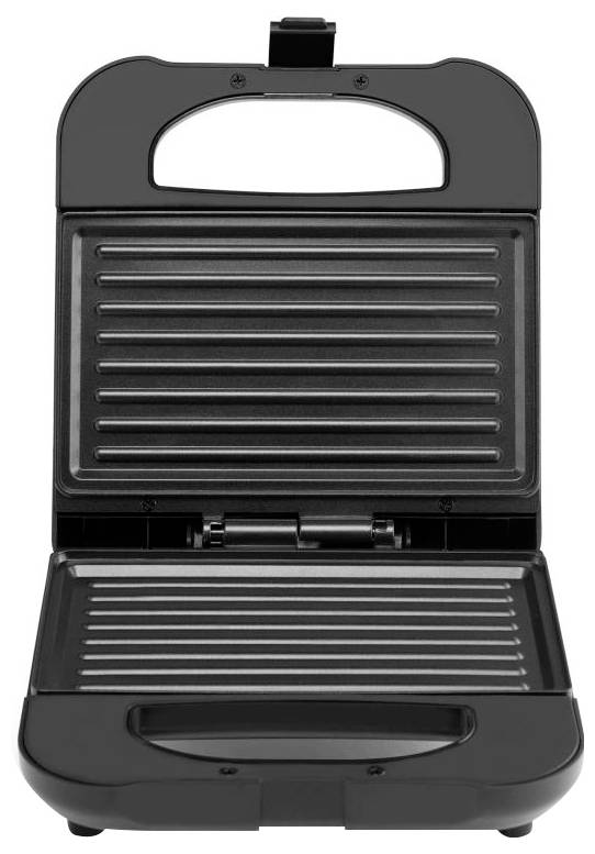 Ein geöffneter schwarzer Sandwichmaker mit gerillten Heizplatten, bereit für die Zubereitung von Sandwiches.