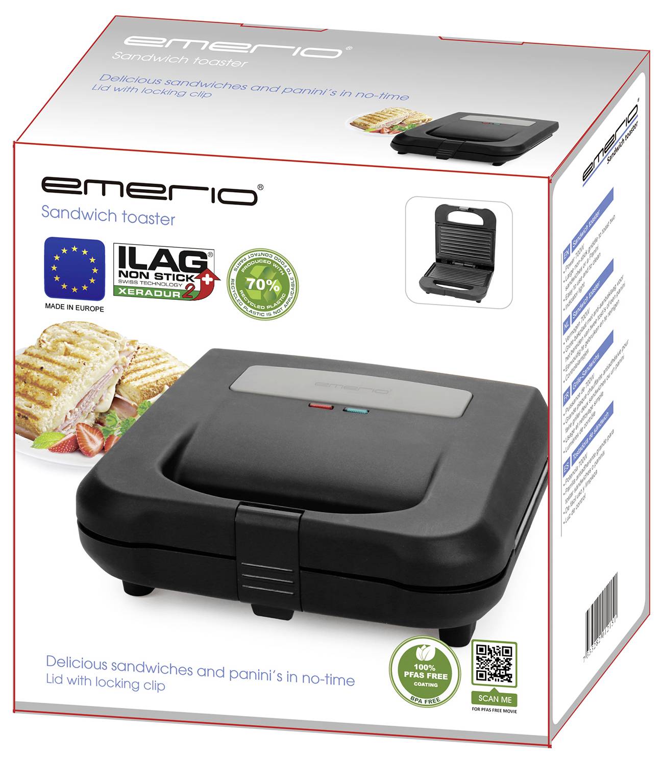 Sandwichmaker-Verpackung mit Bild des Geräts und Toasts. Enthält Hinweise auf Antihaftbeschichtung und europäische Herstellung.