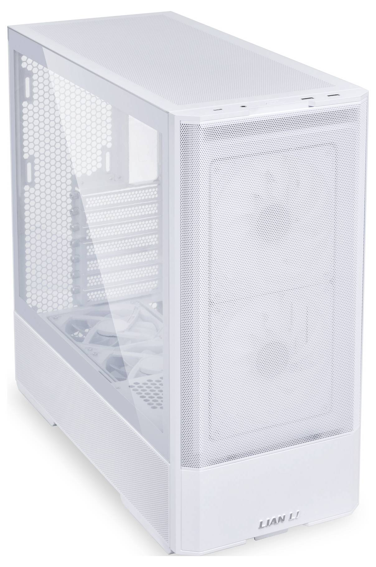 Weißes PC-Gehäuse mit Mesh-Front und zwei sichtbaren Lüftern. Seitenwand aus Glas, zeigt Innenraumteile. Markenname unten.