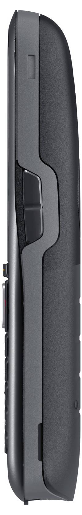 Seitenansicht eines schwarzen Mobiltelefons mit Tasten auf der linken Seite, glatte Oberfläche und abgerundete Kanten.