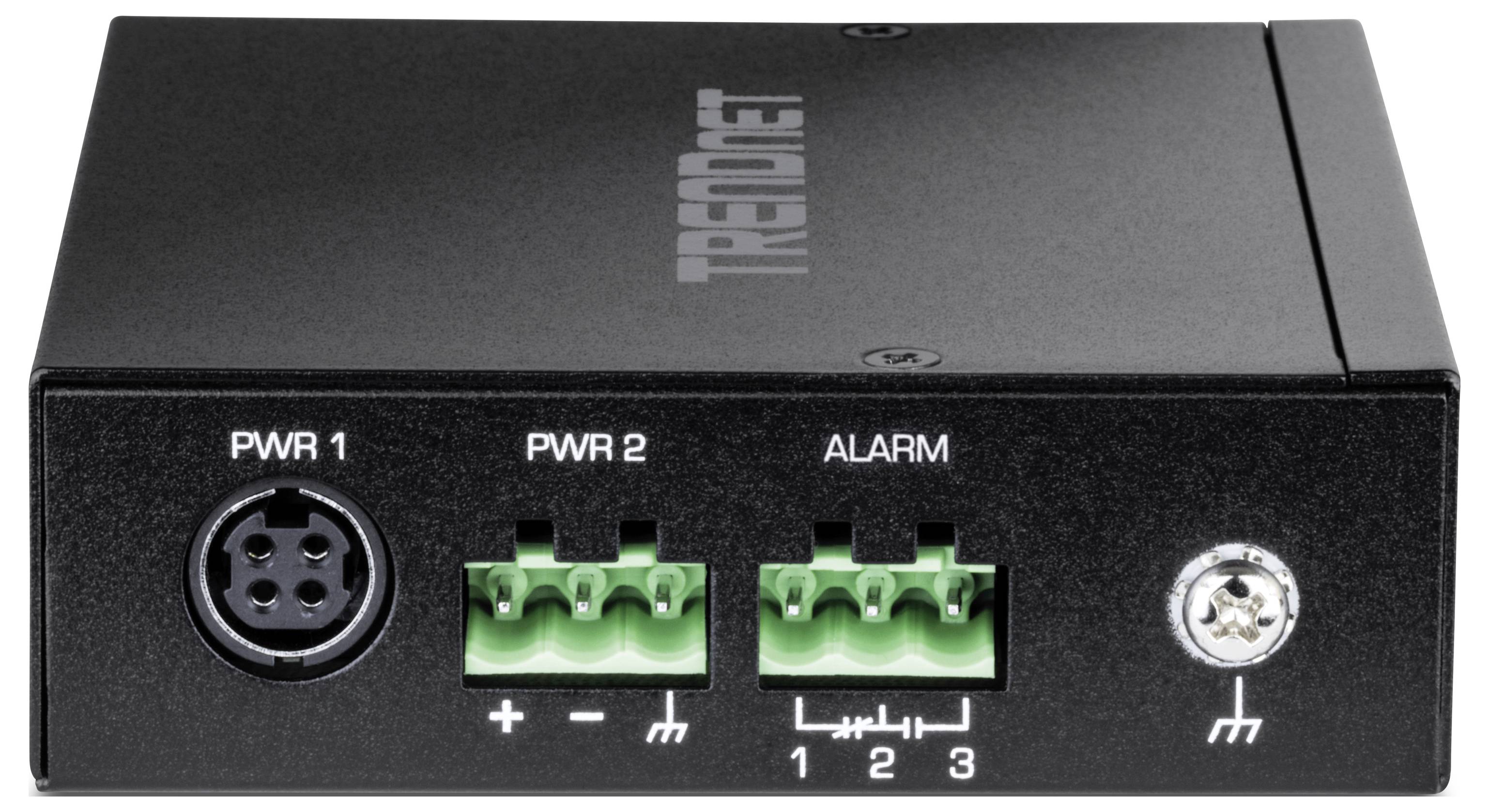 Ein schwarzes elektronisches Gerät mit Anschlüssen für Strom ('PWR 1', 'PWR 2') und Alarmanschluss. Markenname 'TRENDnet' oben.