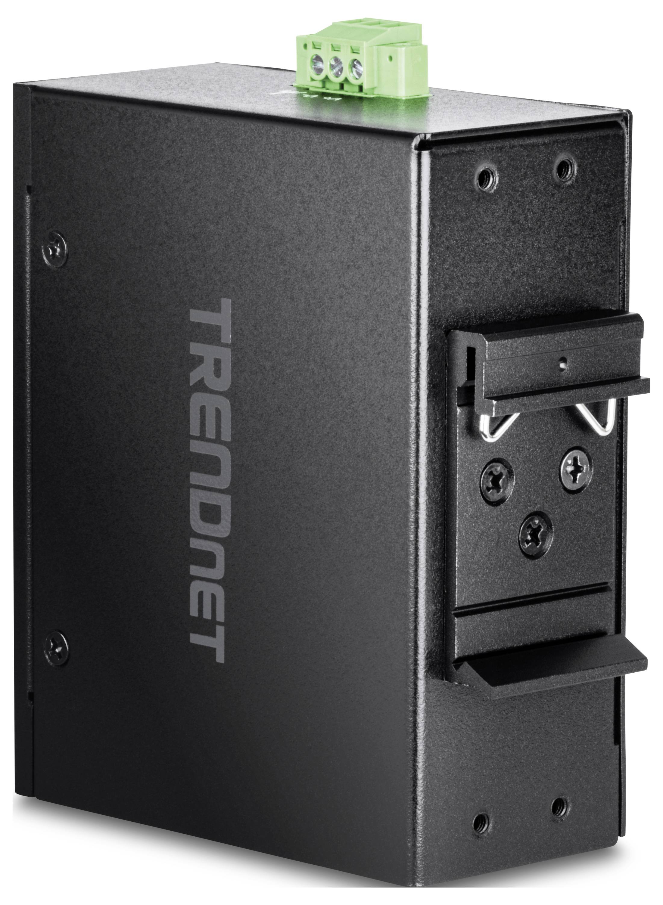 Schwarzes, rechteckiges Gehäuse mit der Aufschrift 'TRENDnet' und einem grünen Anschluss oben, vermutlich ein industrieller Netzwerkswitch.