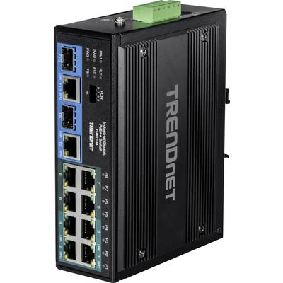Industrie-Gigabit-PoE+ Switch von TRENDnet mit acht Ports, robustes schwarzes Design, geeignet für raue Umgebungen.