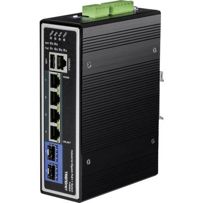 Industrieller Ethernet-Switch mit mehreren Ports, darunter vier RJ45-Gigabit-Ports und zwei SFP-Steckplätze, geeignet für robuste Netzwerkanwendungen.