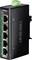 Industrielles Ethernet-POE-Switch mit fünf Netzwerkanschlüssen und grünen LED-Anzeigen auf der linken Seite.