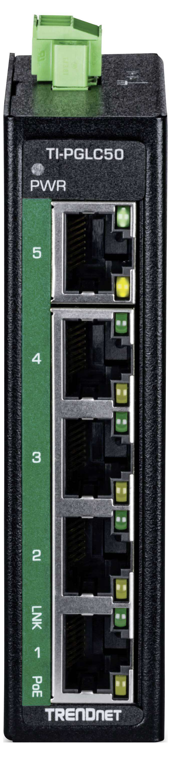 Ein schwarzer Netzwerk-Switch mit fünf Ethernet-Ports, nummeriert von 1 bis 5. Oben sind grüne Statusleuchten sichtbar.