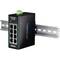 Industrieller Gigabit PoE+-Switch von TRENDnet mit acht Ports, an einer Hutschiene montiert, geeignet für Netzwerkinstallationen.