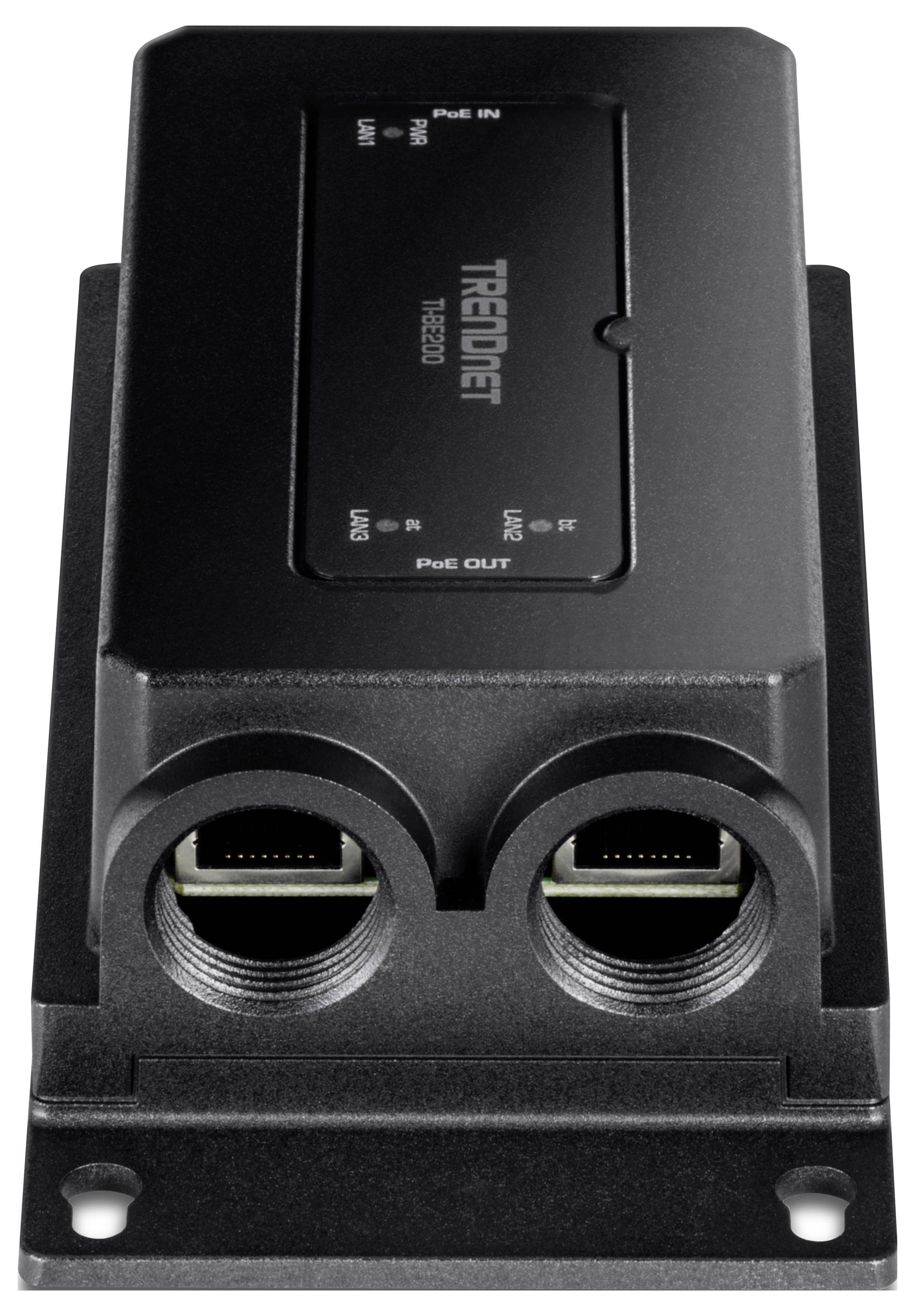 Schwarzes technisches Gerät mit zwei Ethernet-Anschlüssen und der Aufschrift 'TRENDnet'. Verwendet für Netzwerkkonnektivität.