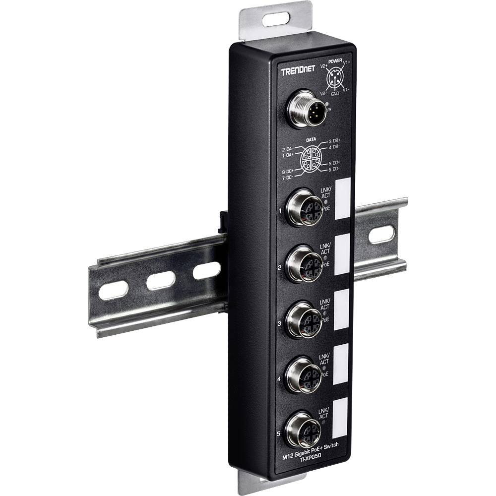 Ein schwarzer Ethernet-Switch von TRENDnet mit fünf M12-Anschlüssen auf einer DIN-Schiene montiert. Oben sind Statusleuchten zu sehen.