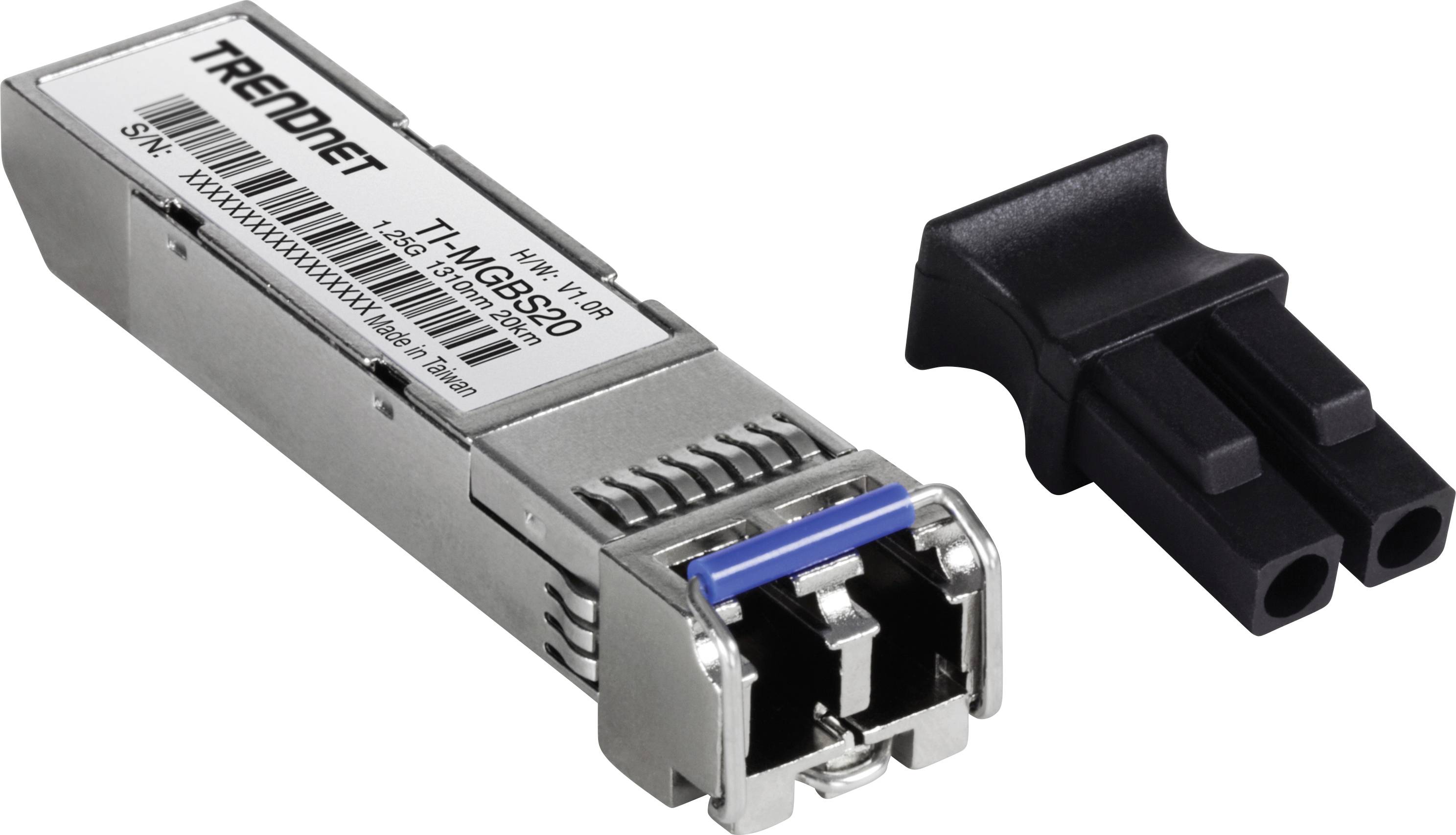 'Nahaufnahme eines TRENDnet Modultransceivers mit einem abnehmbaren schwarzen Adapter für Glasfaserkabelverbindungen.'