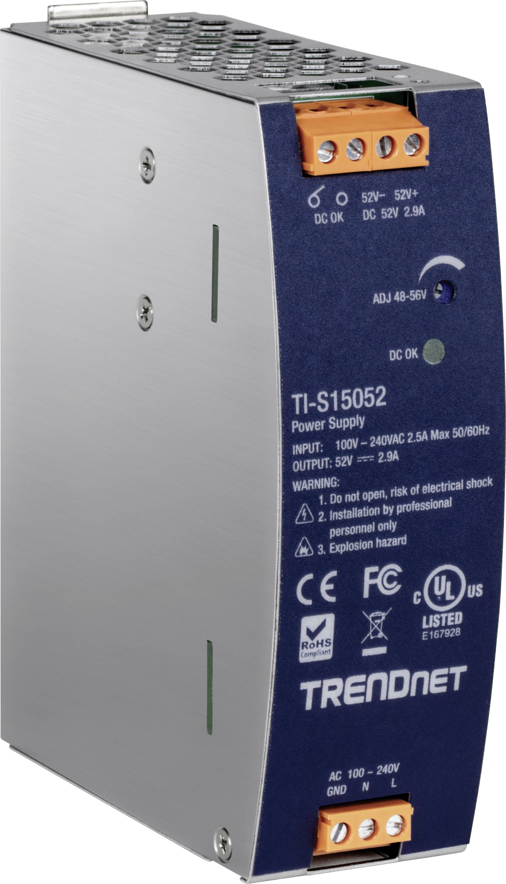 Industrienetzteil TRENDnet TI-S15052, Eingang 100-240VAC, Ausgang 52V/2,9A, geeignet für industrielle Anwendungen, CE und FCC zertifiziert.