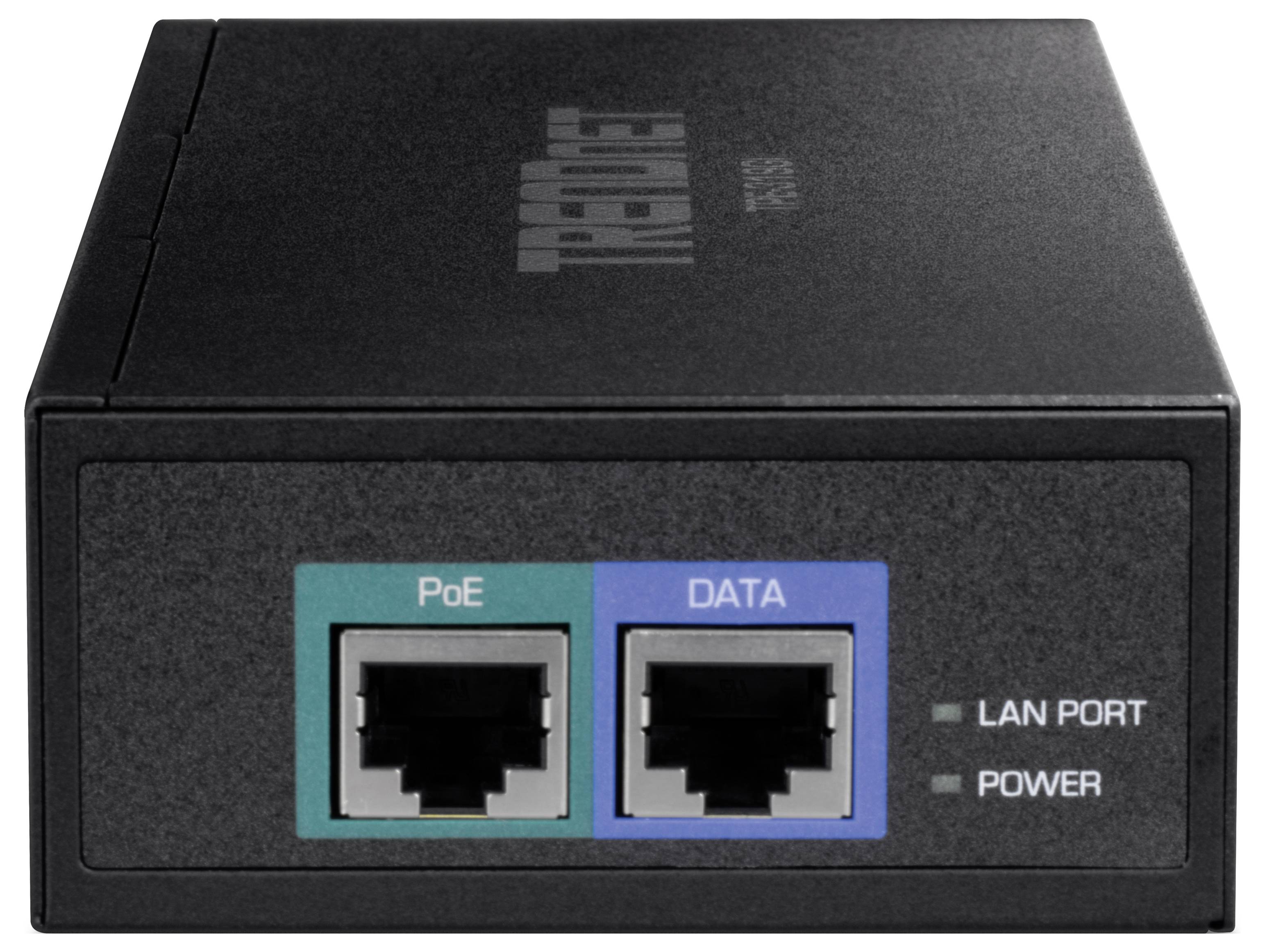Ein schwarzer PoE-Injektor mit zwei Anschlüssen: 'PoE' und 'DATA', daneben zwei LEDs für 'LAN Port' und 'Power'.
