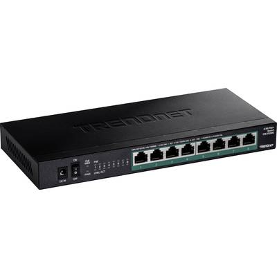 Ein schwarzer Netzwerk-Switch von TRENDnet mit acht Ethernet-Anschlüssen, LEDs zur Statusanzeige und Schalter für Stromversorgung.
