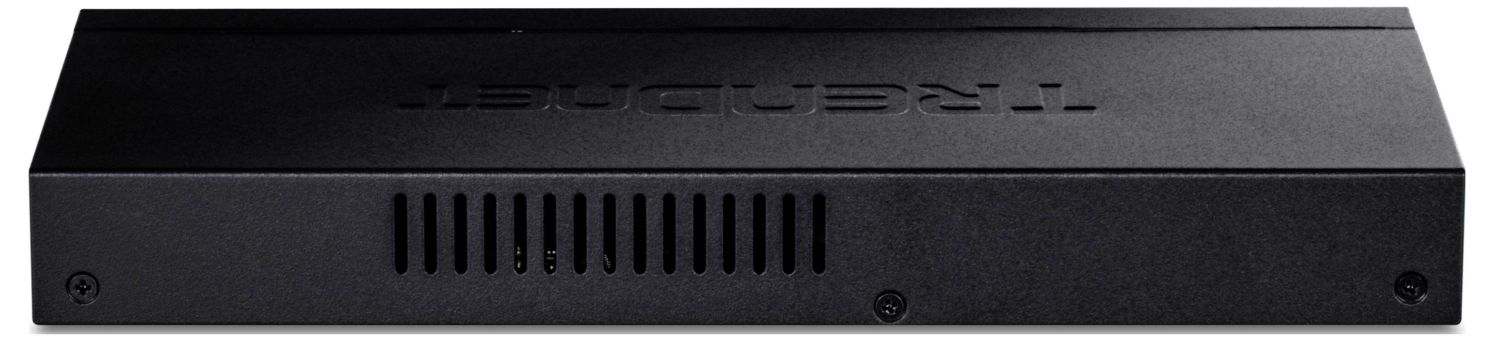 Schwarzer Netzwerk-Switch mit Belüftungsschlitzen auf der Vorderseite. Gehäuse mit eingeprägtem Logo.
