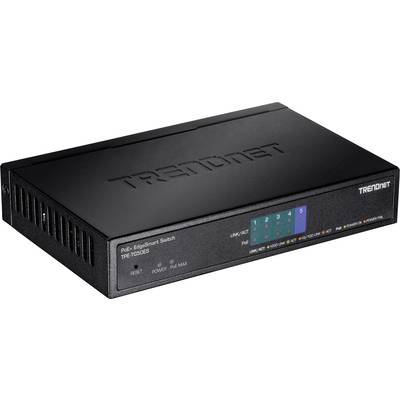 Ein schwarzer TRENDnet PoE-EdgeSmart Switch Modell TPE-TG50ES, mit fünf Netzwerkanschlüssen, LED-Anzeigen und Markenlogo.