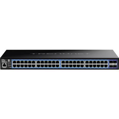 Ein 52-Port-Gigabit-Switch von TRENDnet mit 48 Gigabit-Ethernet-Ports und 4 SFP+-Steckplätzen für erweiterte Netzwerkanbindungen.