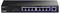Ein schwarzer Netzwerk-Switch mit acht Ethernet-Ports, beschriftet von 0 bis 7. Links befinden sich Statusanzeigen für jeden Port.
