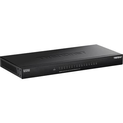 Ein schwarzer Netzwerk-Switch der Marke TRENDnet mit mehreren Ethernet-Ports auf der Vorderseite, Modellname: 'TPE-TG181F'.
