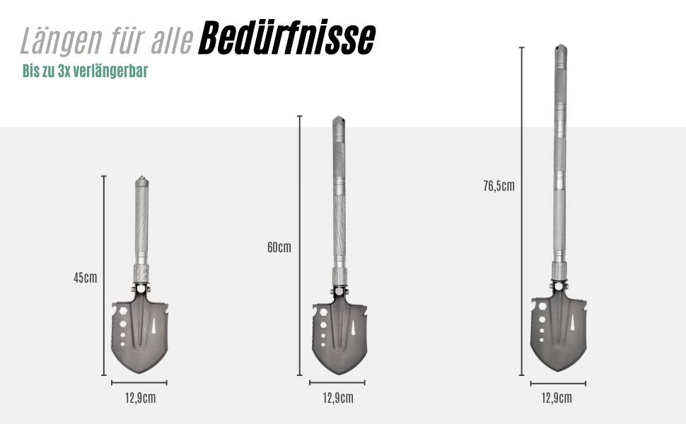 'Drei Spaten in unterschiedlicher Länge (45 cm, 60 cm, 76,5 cm) mit der Aufschrift: Längen für alle Bedürfnisse. Bis zu 3x verlängerbar.'