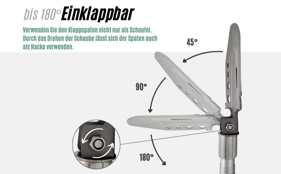 Klappspaten zeigt verschiedene Winkel: 45° und 180°. Hinweis: 'Verwenden Sie den Klappspaten nicht nur als Schaufel.'