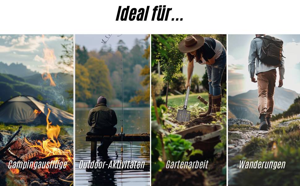 Zelt, Lagerfeuer, Angeln, Gärtnern, Wandern. Text 'Ideal für... Campingausflüge, Outdoor-Aktivitäten, Gartenarbeit, Wanderungen'.