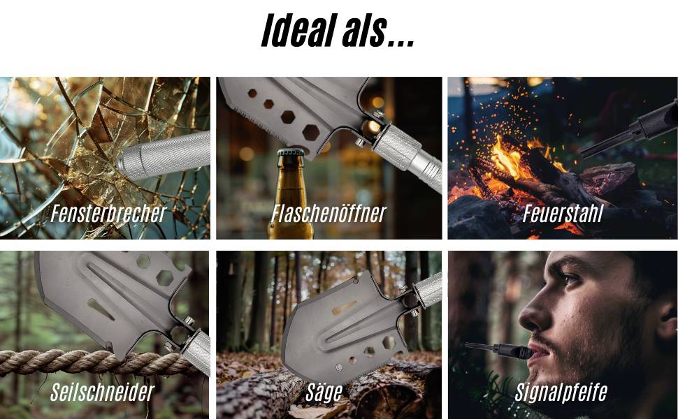 'Multifunktionales Werkzeug: Fensterbrecher, Flaschenöffner, Feuerstahl, Seilschneider, Säge, Signalpfeife.'