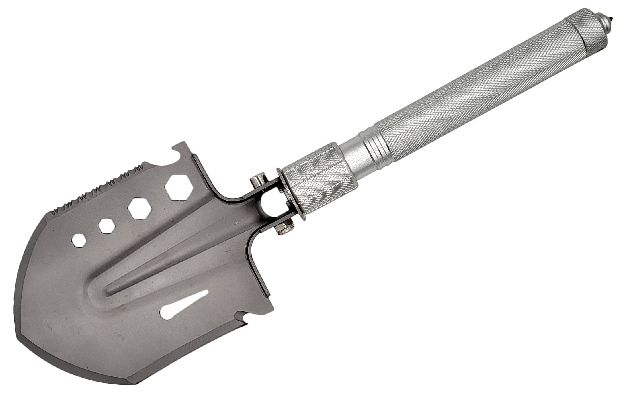 Klappbare Multifunktionsschaufel aus Metall mit gezackter Kante, sechseckigen Ausschnitten und Schraubgriff, geeignet für Outdoor-Aktivitäten.