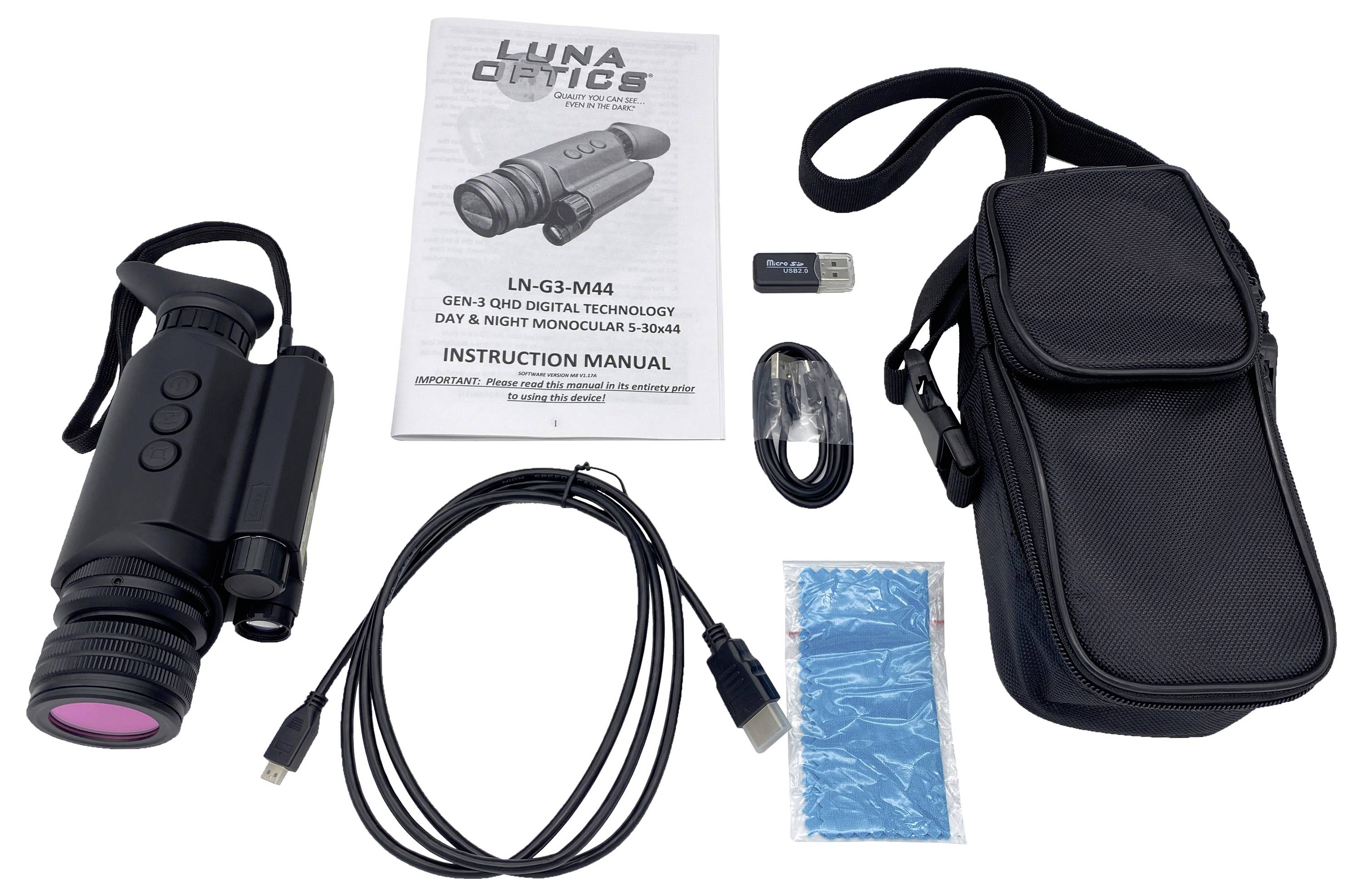 'Nachtfernglas und Zubehör: Benutzerhandbuch, Tragetasche, USB-Kabel, Akku und Reinigungstücher dargestellt.'