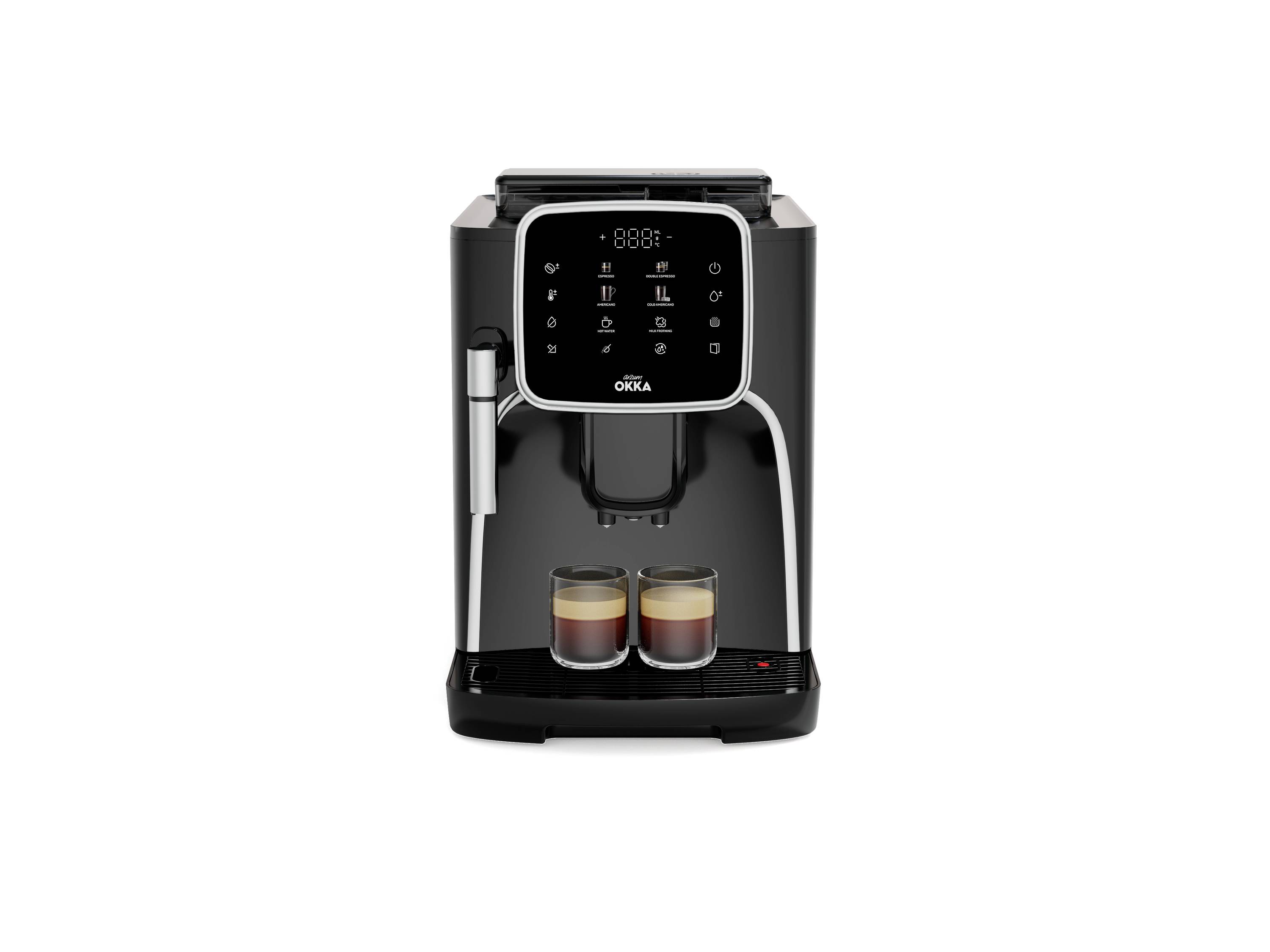 Kaffeemaschine in Schwarz mit digitalem Display bereitet zwei Tassen Kaffee zu.