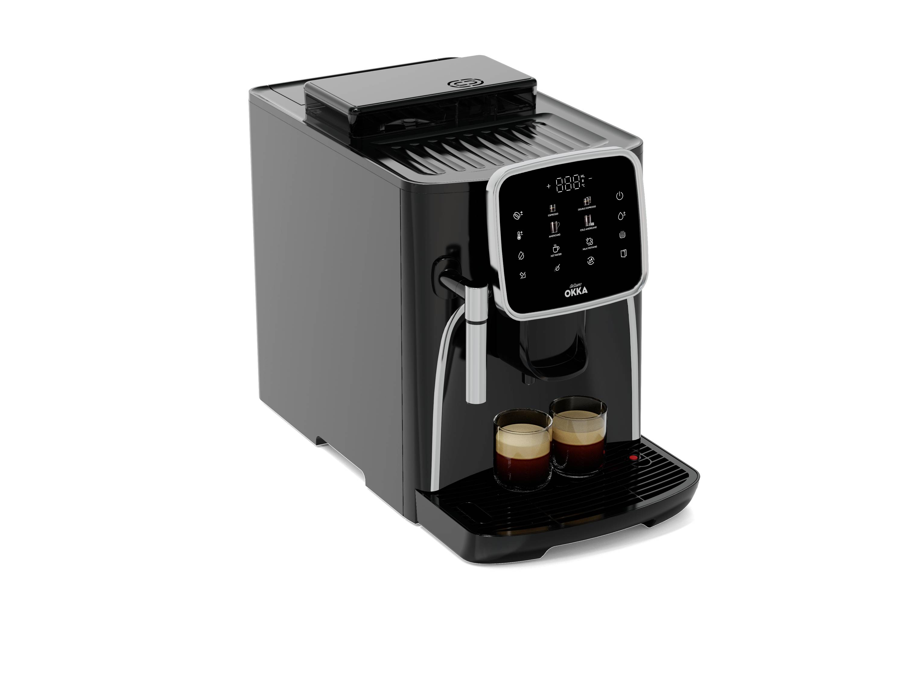 Schwarzer Kaffeevollautomat mit digitalem Display und zwei gefüllten Tassen an der Tropfschale.