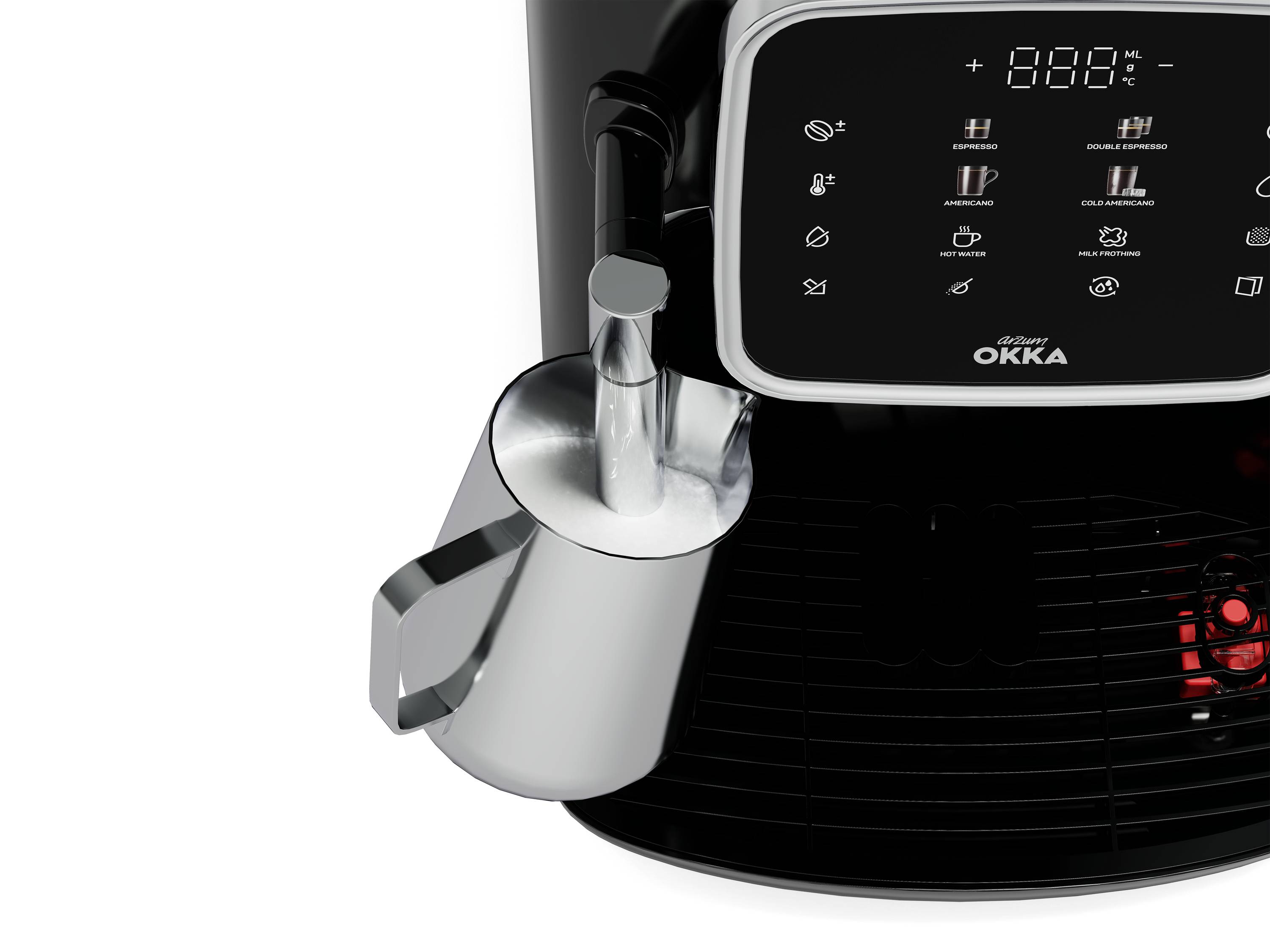 Espressomaschine mit digitalem Display, Milchtank und verschiedenen Bedienknöpfen, zeigt Kaffeezubereitungsprozess.